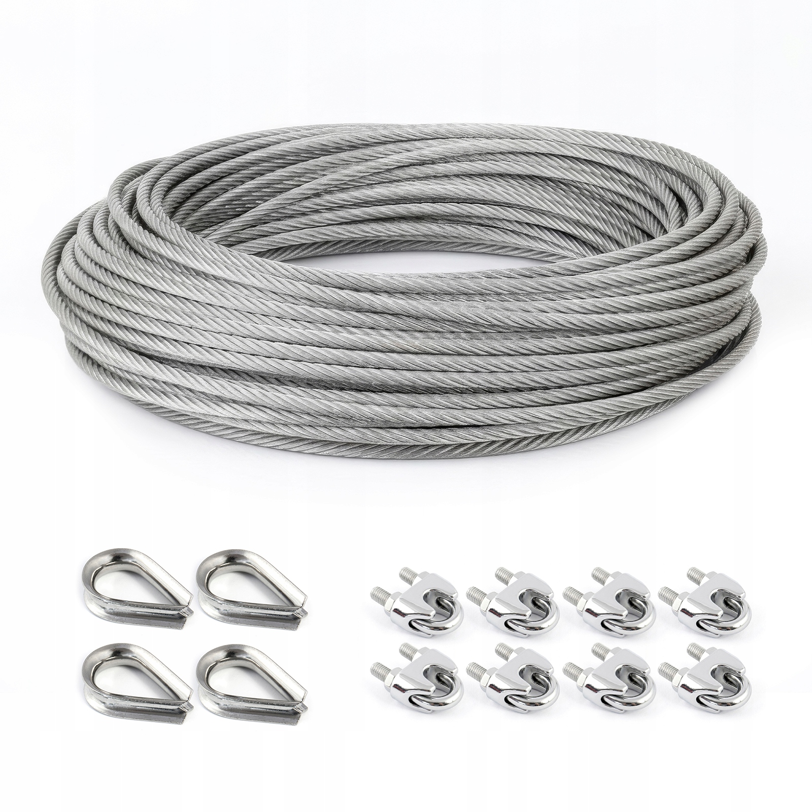 Sada nerezového lana 3 mm 7x7 50 m 4x kauše 3 mm 8x svorky 3 mm