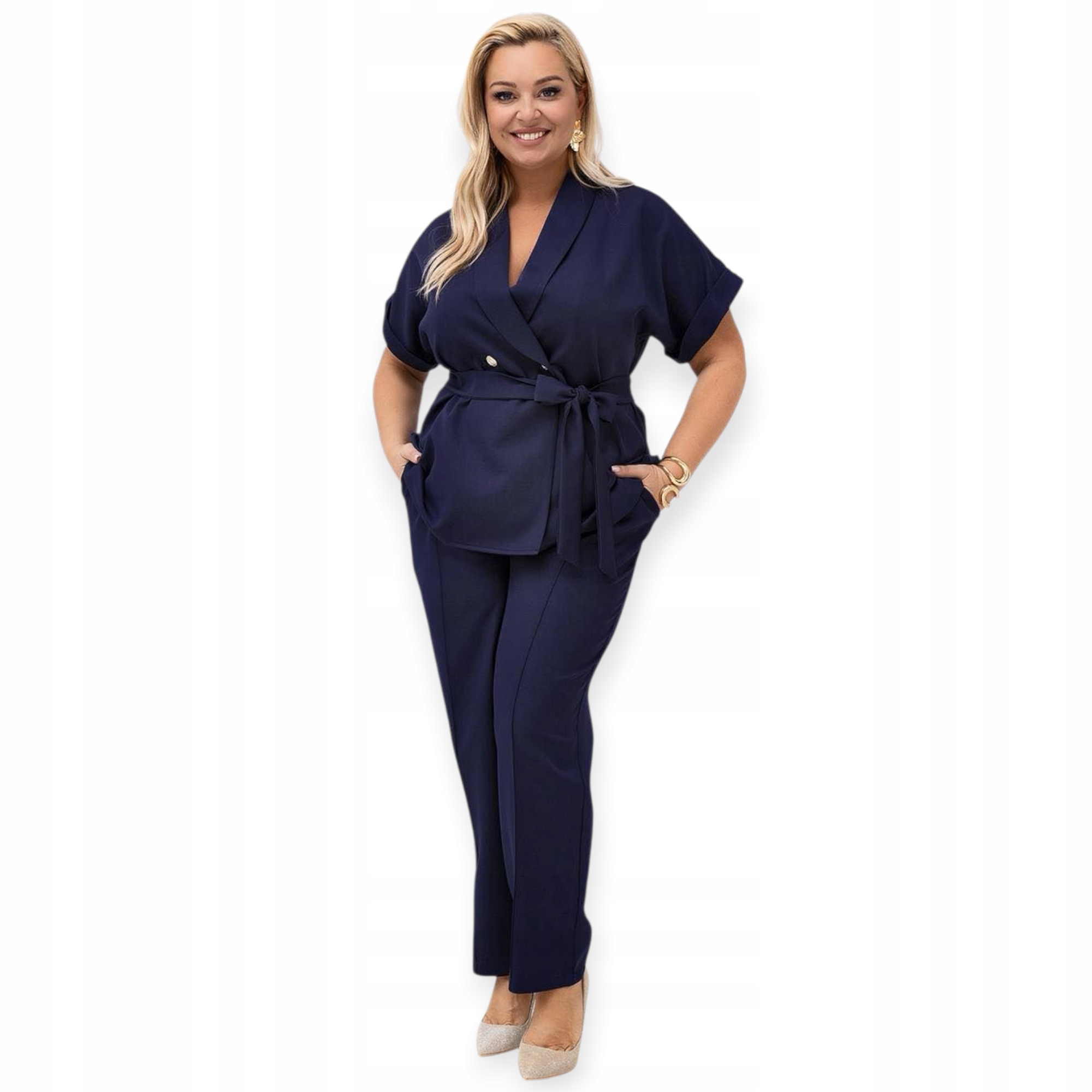 Oblekový komplet, oblek s krátkým rukávem, velikost plus size, velikost 42, tmavě modrá