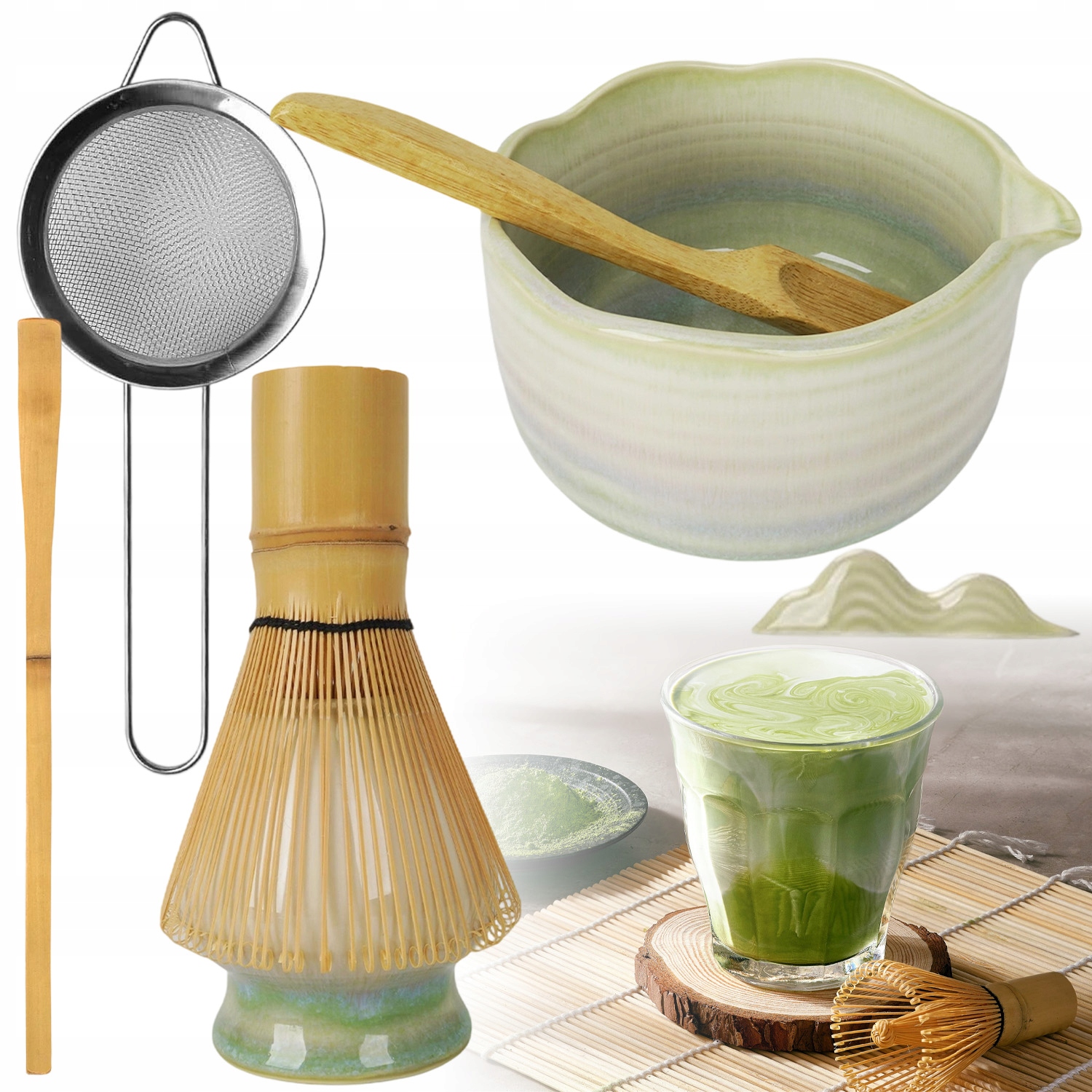 Zestaw Prezentowy Do Herbaty Matcha Czarka Miotełka Podstawka Łyżeczka