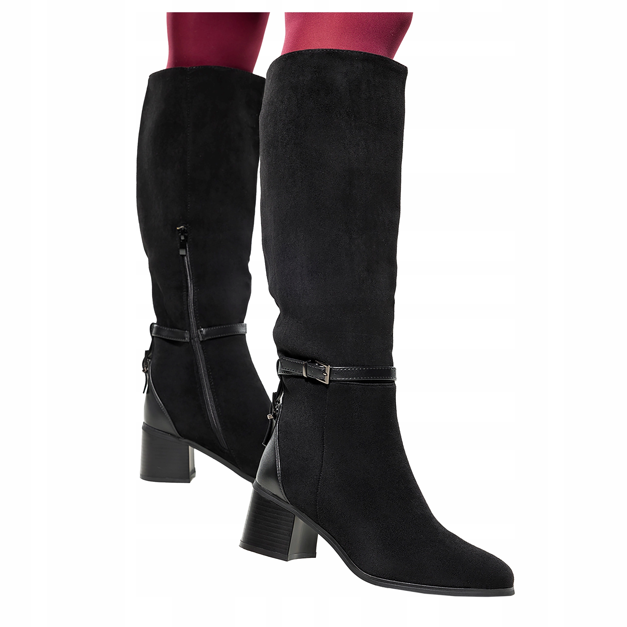 Černé Kozačky Dámské před koleno na podpatku Pásek se sponou vel. 38