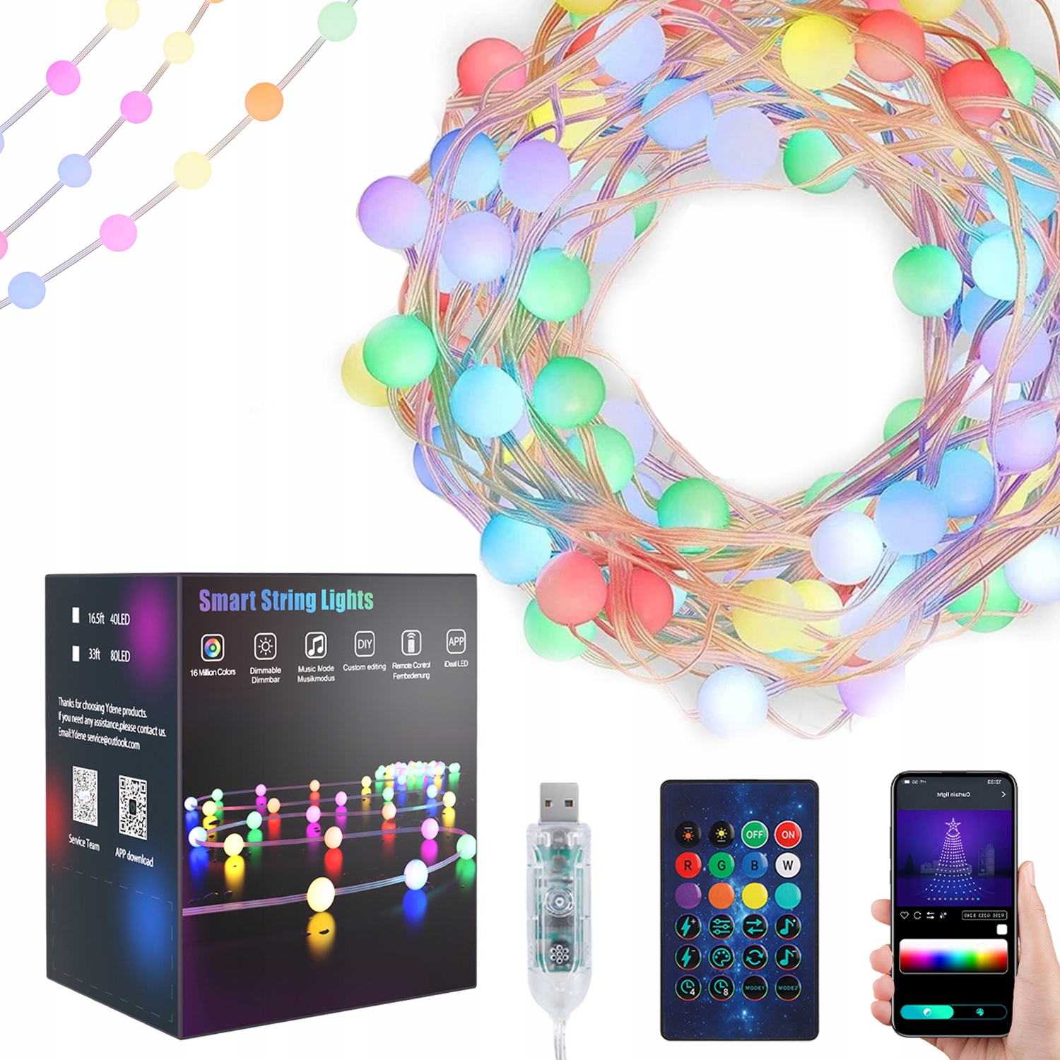 LAMPKI CHOINKOWE ŚWIĄTECZNA OZDOBY 40LED 5m APP TIMER KOLOROWE RGB Z PILOT