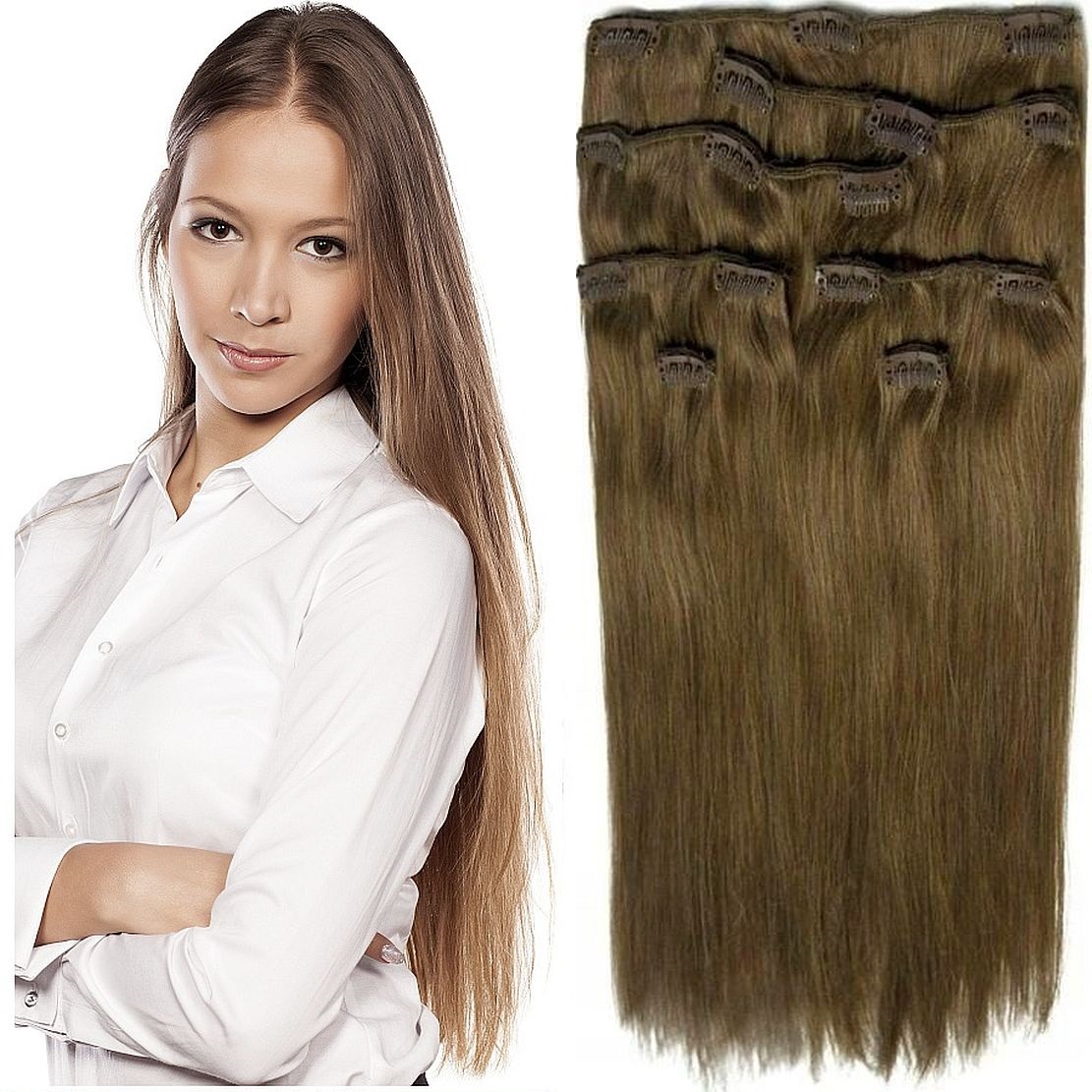 Příčesek Do Vlasů Clip-in 50 CM 140 G Přírodní Sada 8 Pásků tmavě blond 8