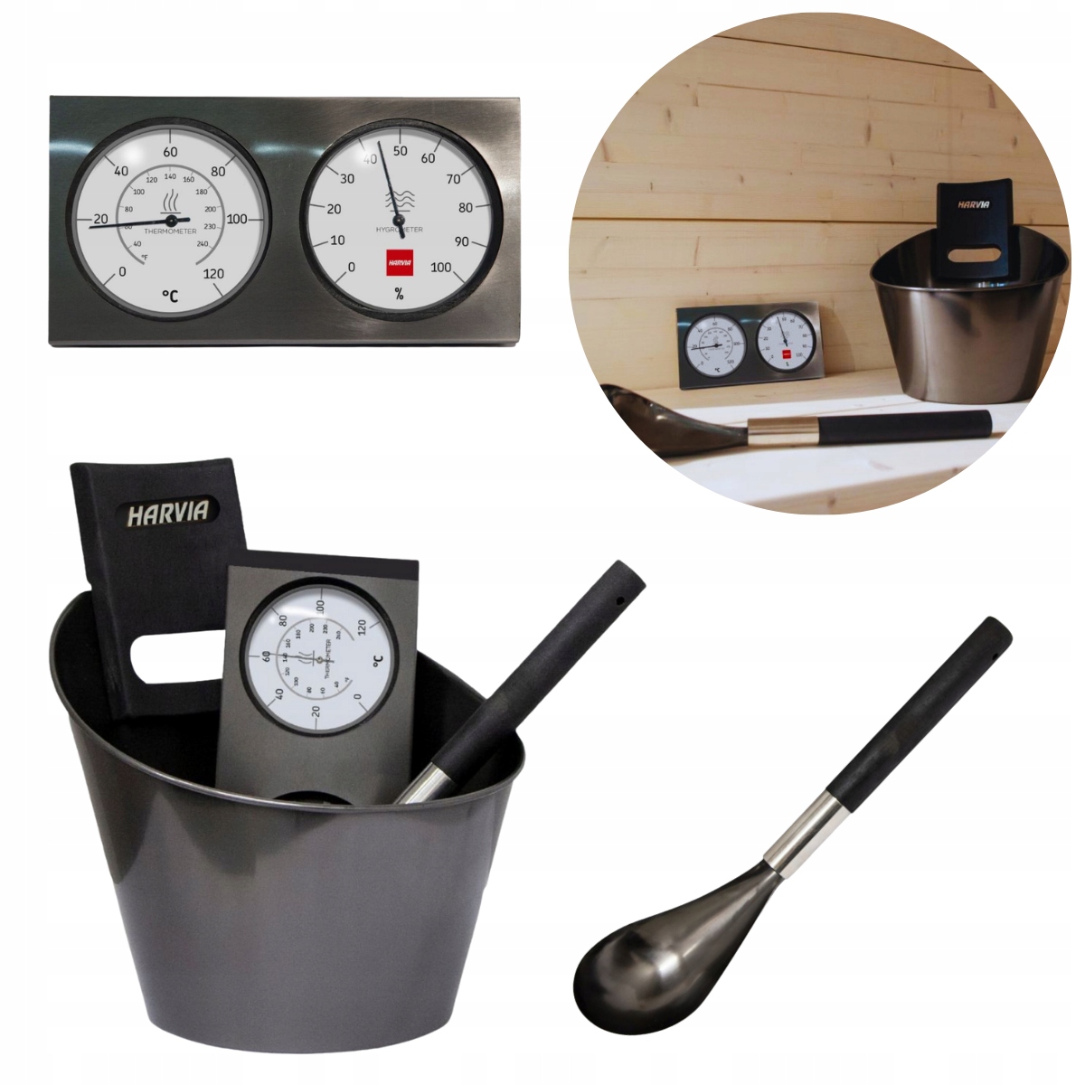 Sada príslušenstva pre saunu Ceber Chochla Termo-Higrometr Harvia Black Steel