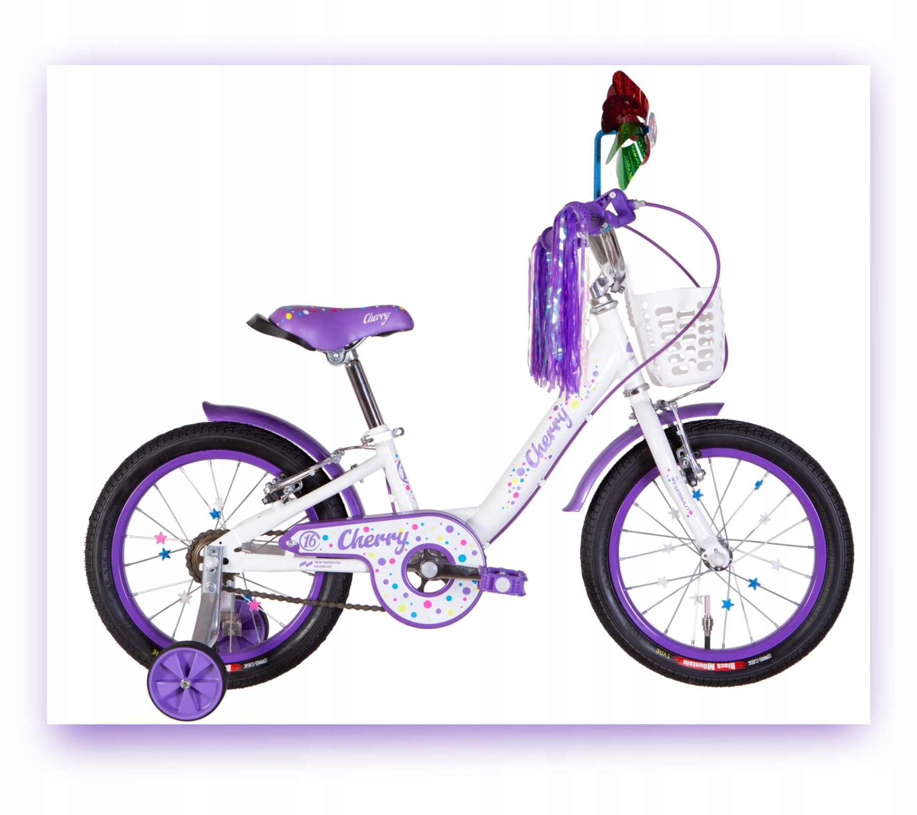 Rower dziecięcy dla dziewczynki koło 16 "+ Boczne Koła, Koszyk, Wiatrak