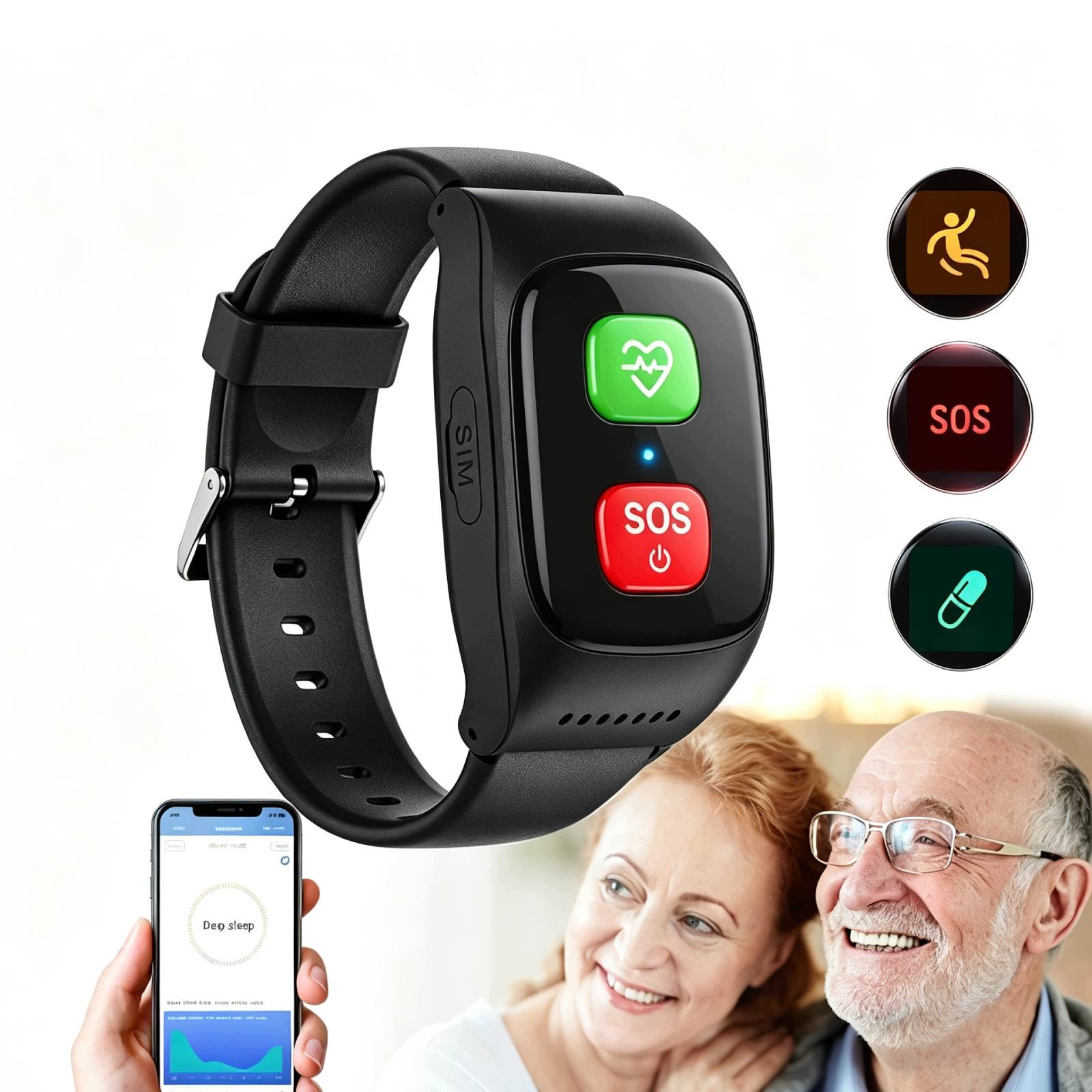 Náramek Sos 4G s Gps lokátorem pro seniory, měření pulsu