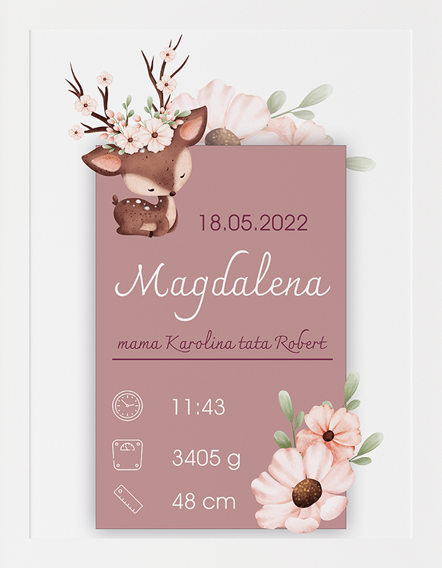 Plakat METRYCZKA w ramce A4 dla dziewczynki wzory