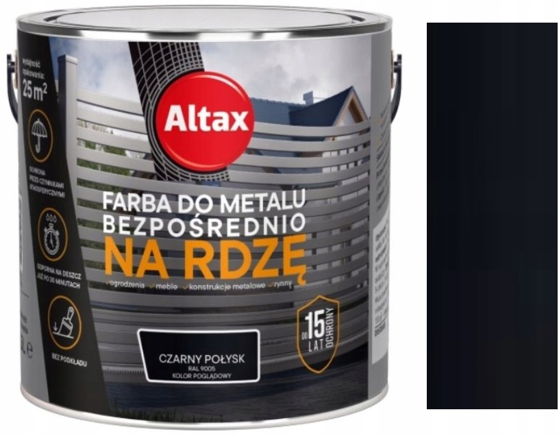 Altax Farba Do Metalu Na Rdzę Ogrodzenia Płoty Ral 9005 Czarny Połysk 2.5L