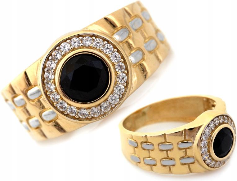 Zlatý signet 585 se zirkony a černým kamenem r20 jako dárek 14K
