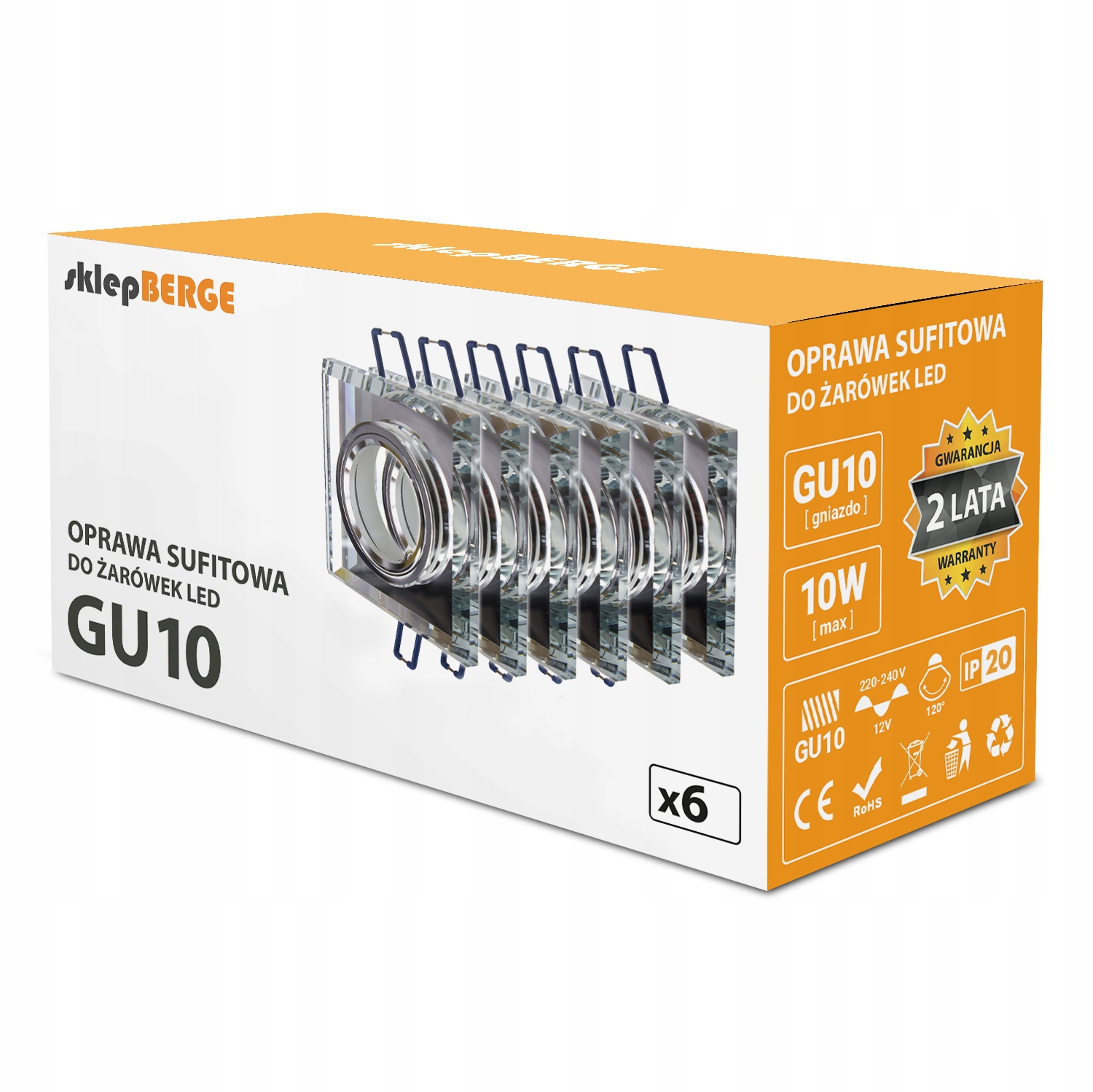 

6x Oprawa halogenowa Led GU10 szklana kwadrat