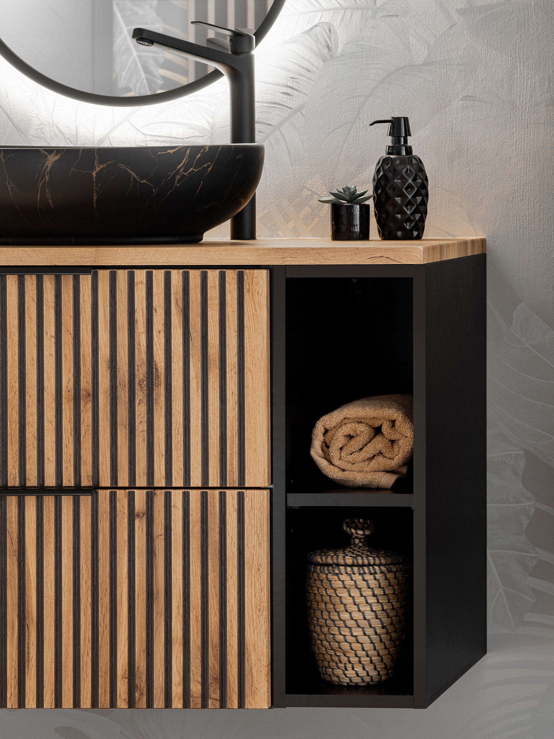 CZARNA WISZĄCA Szafka do Łazienki 80 cm Blat RYFLE Materiał płyta laminowana