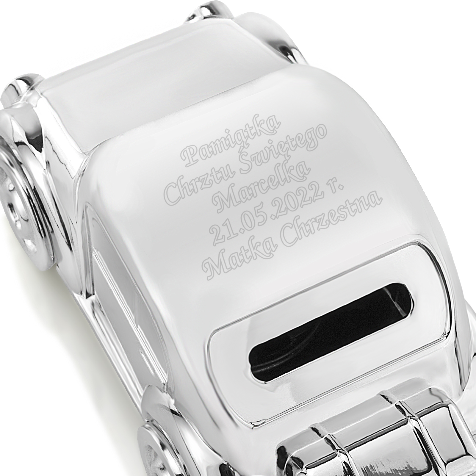 Skarbonka posrebrzana AUTO CHRZEST Roczek GRAWER Bohater brak