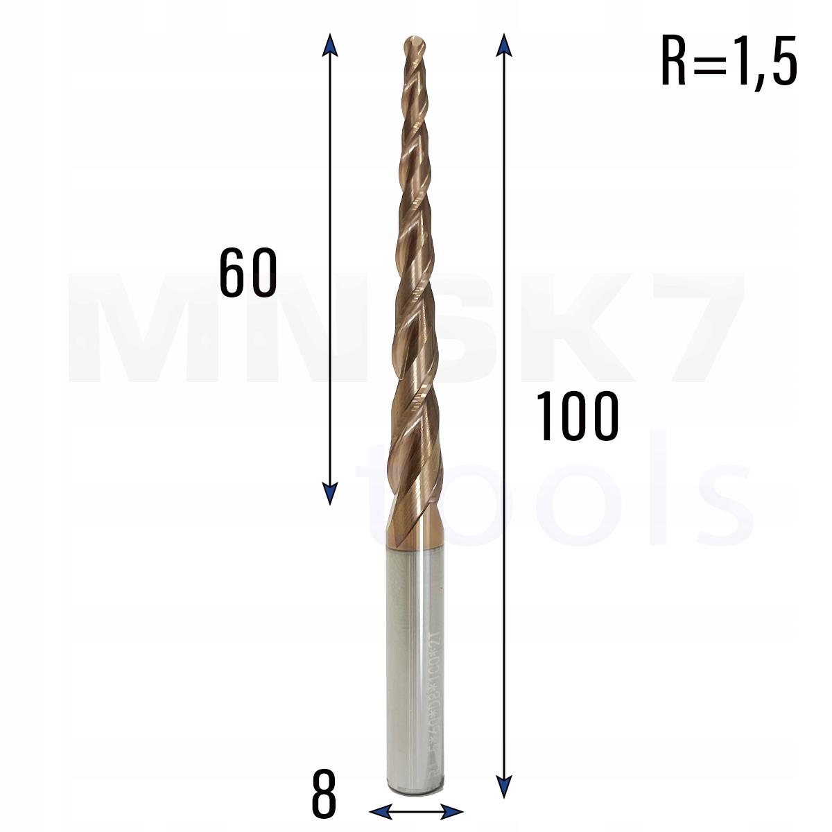 Frez stożkowy kulowy 3D 8 x 60 x 100 R1.5 HRC55 2.39°