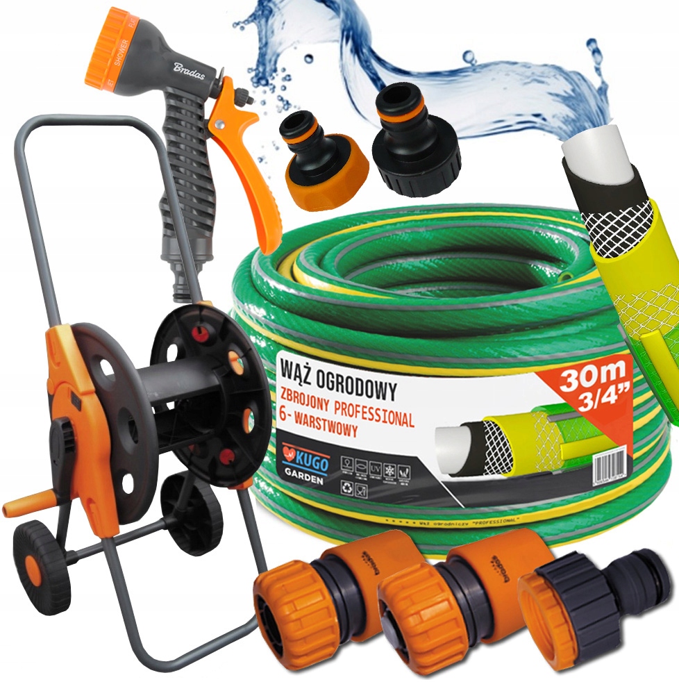 Hadice 3/4" 30 m 6 Vrstev Pistole Vozík Set Bradas 36 Bar