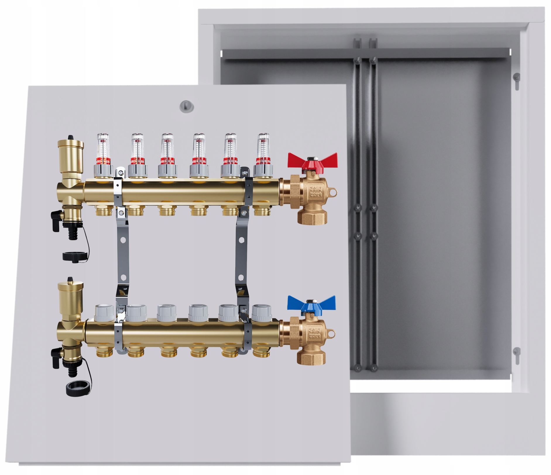 Mosazný rozdělovač podlah 6 okruhů nástěnná skříňka Kulový Kohout