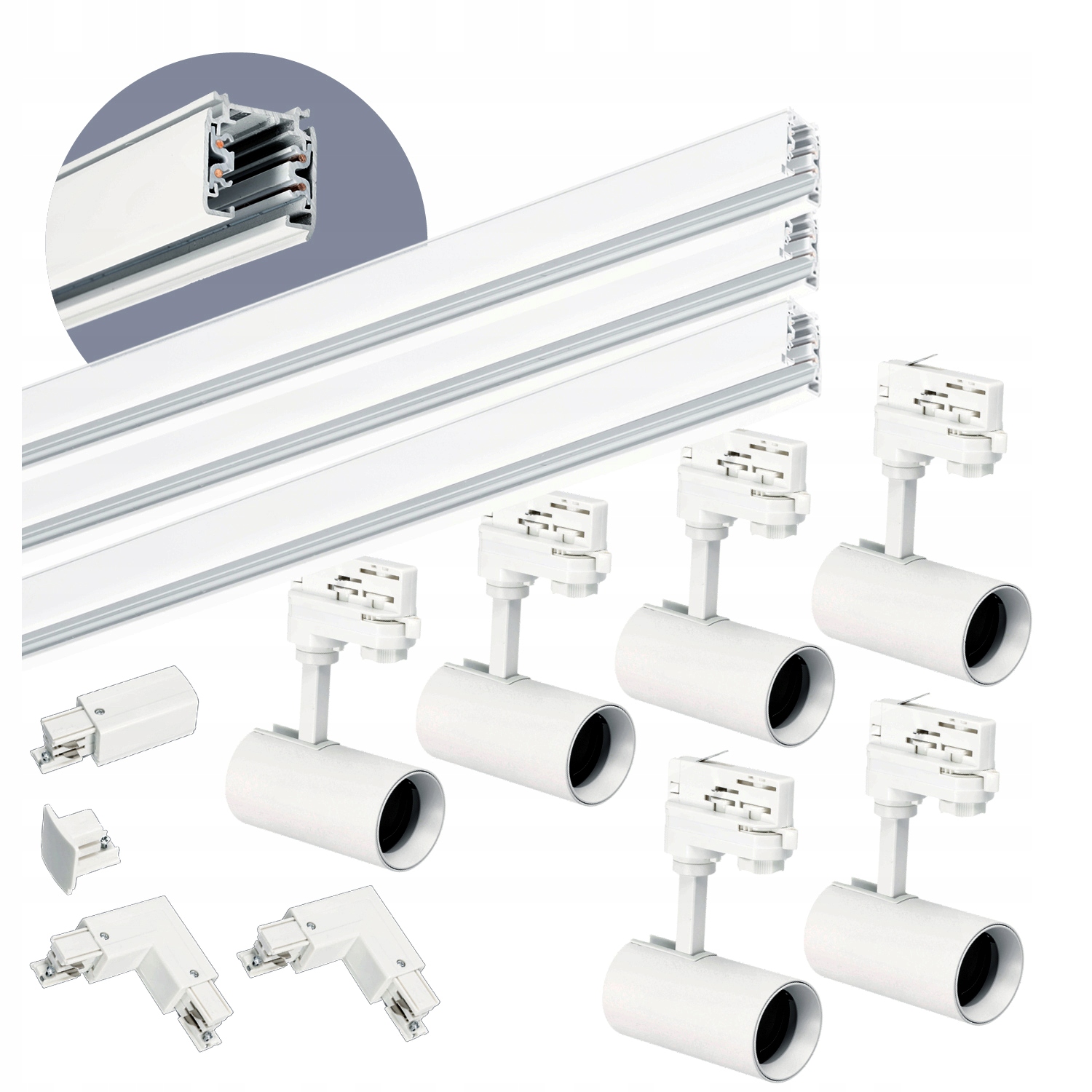 Sada kolejnicová 3-fázová kolejnice 1m+1m+1m, 6x Lampa, spojka L Bílá sada