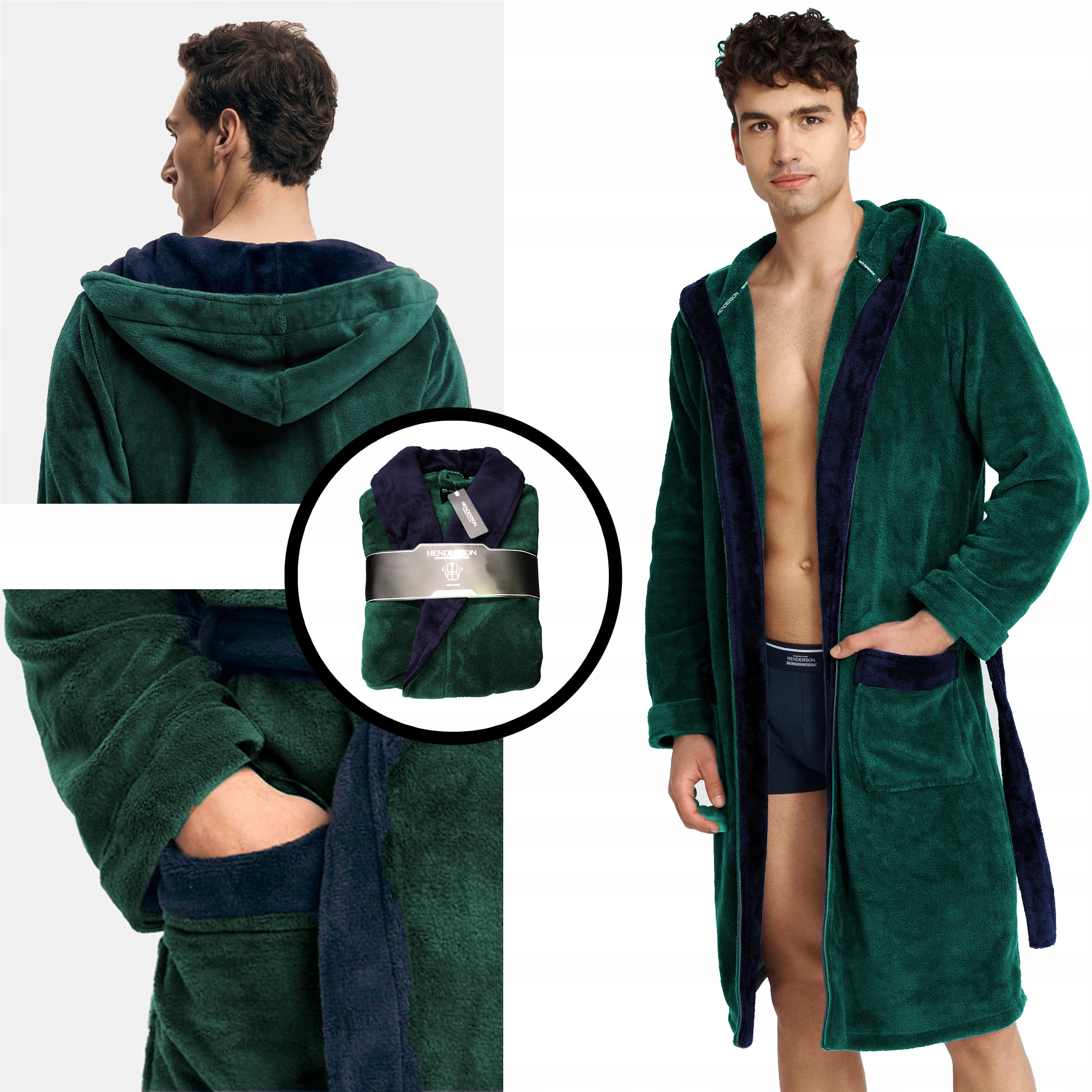 Henderson pánský župan Premium s kapuce, kapsami a vázáním, smaragd barva, XL