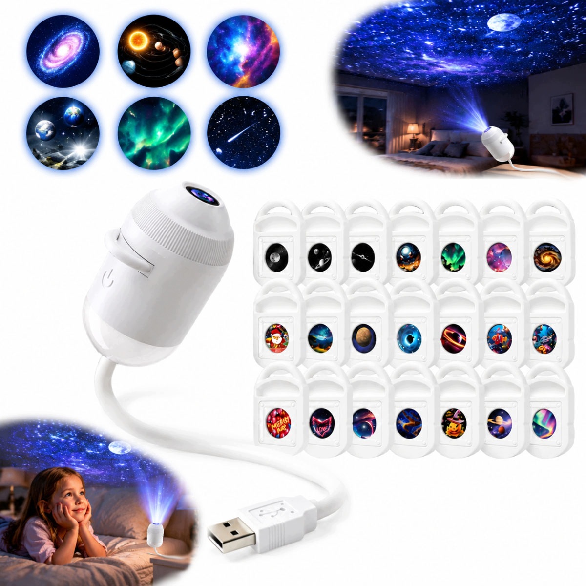 Projektor Holograficzny 2 W 1 Galaktyka Gwiazdy Usb Biały 360° Impreza