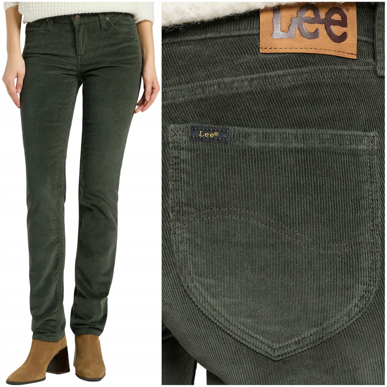 Lee Marion Straight Olive Gray dámské jednoduché manšestrové kalhoty W29 L33