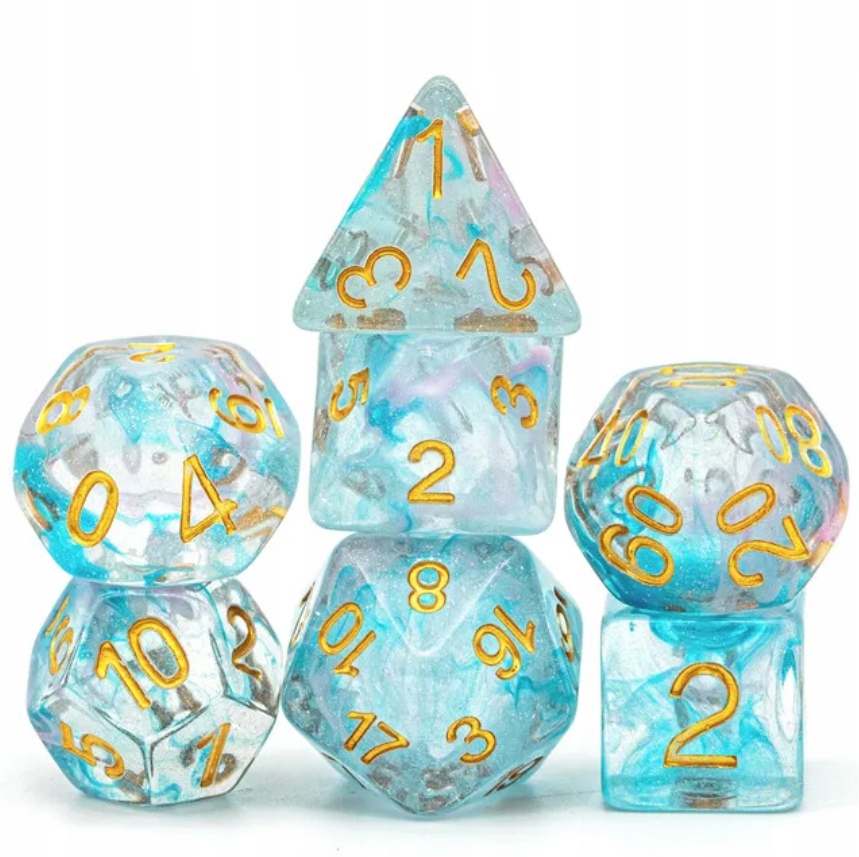 Zestaw 7 Kości Niebieskie Białe Złoty Nadruk D4-20 K20 Rpg D&D Mtg BG3