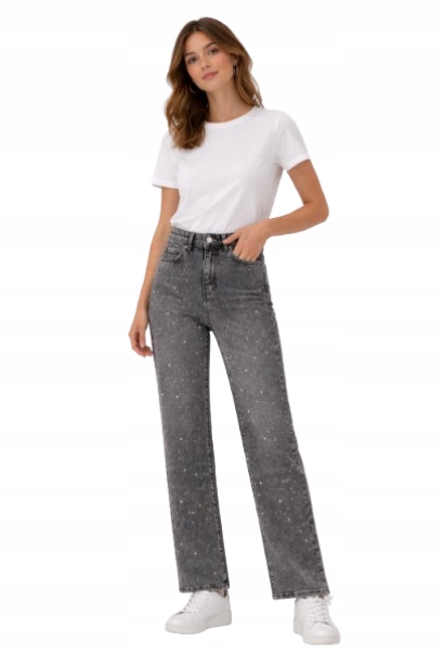Twin Šedé Džíny Mom Jeans S Zirkony Vysoký Pas 34 O_a