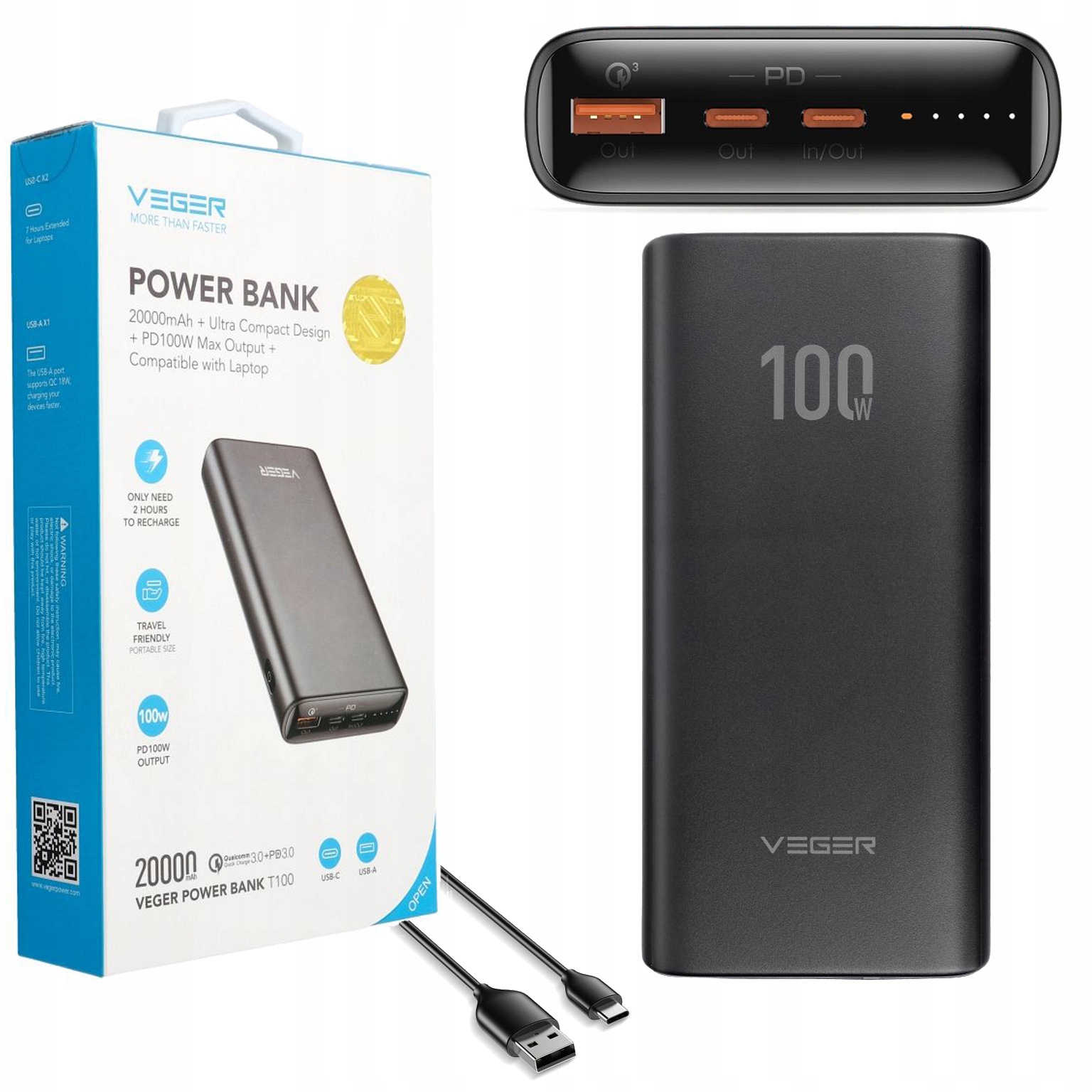 Powerbank 20000mAh szybkie ładowanie 100W telefon laptop Usb Usb-c Pd Qc
