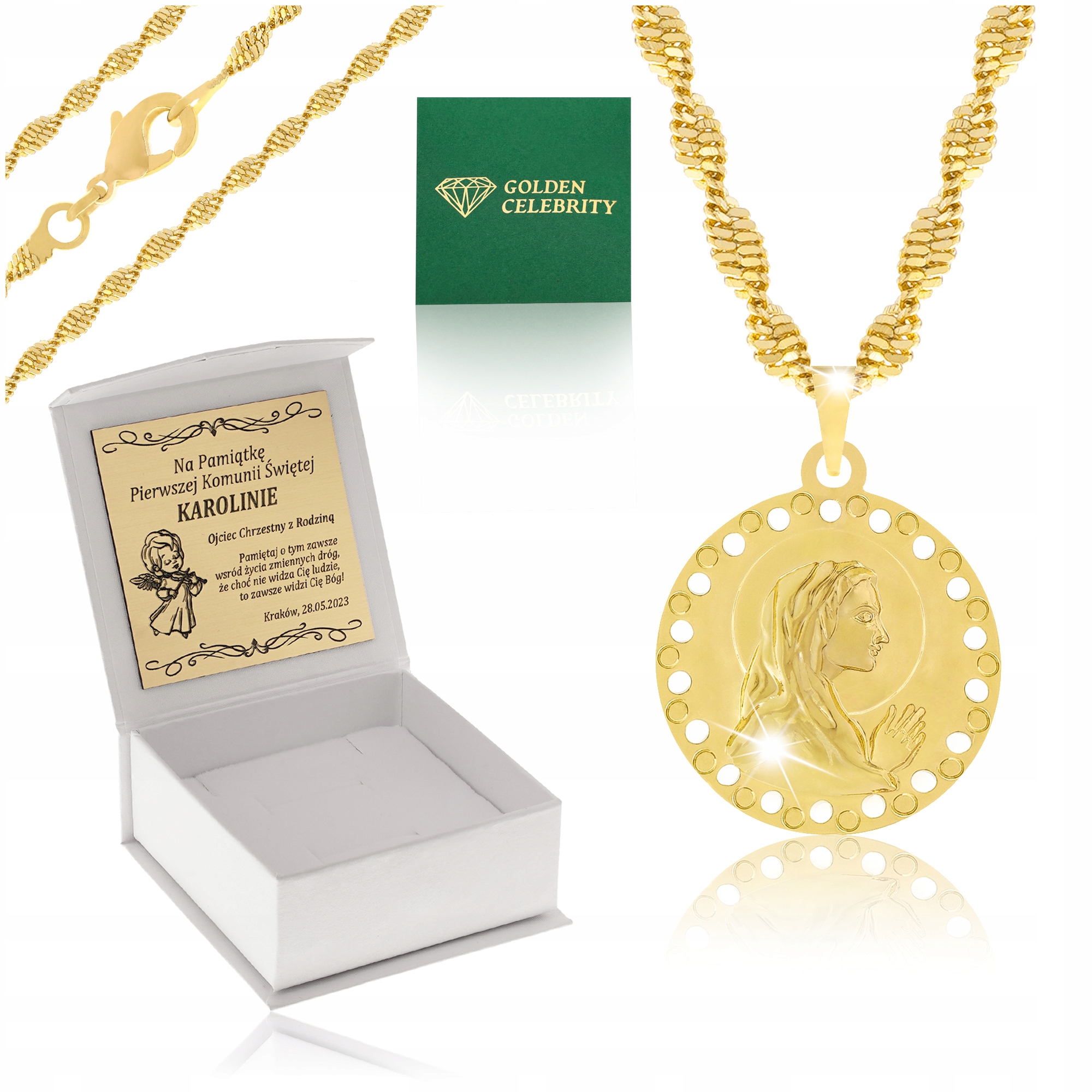 

Złoty Łańcuszek Medalik Komunia Chrzest Grawer 18K