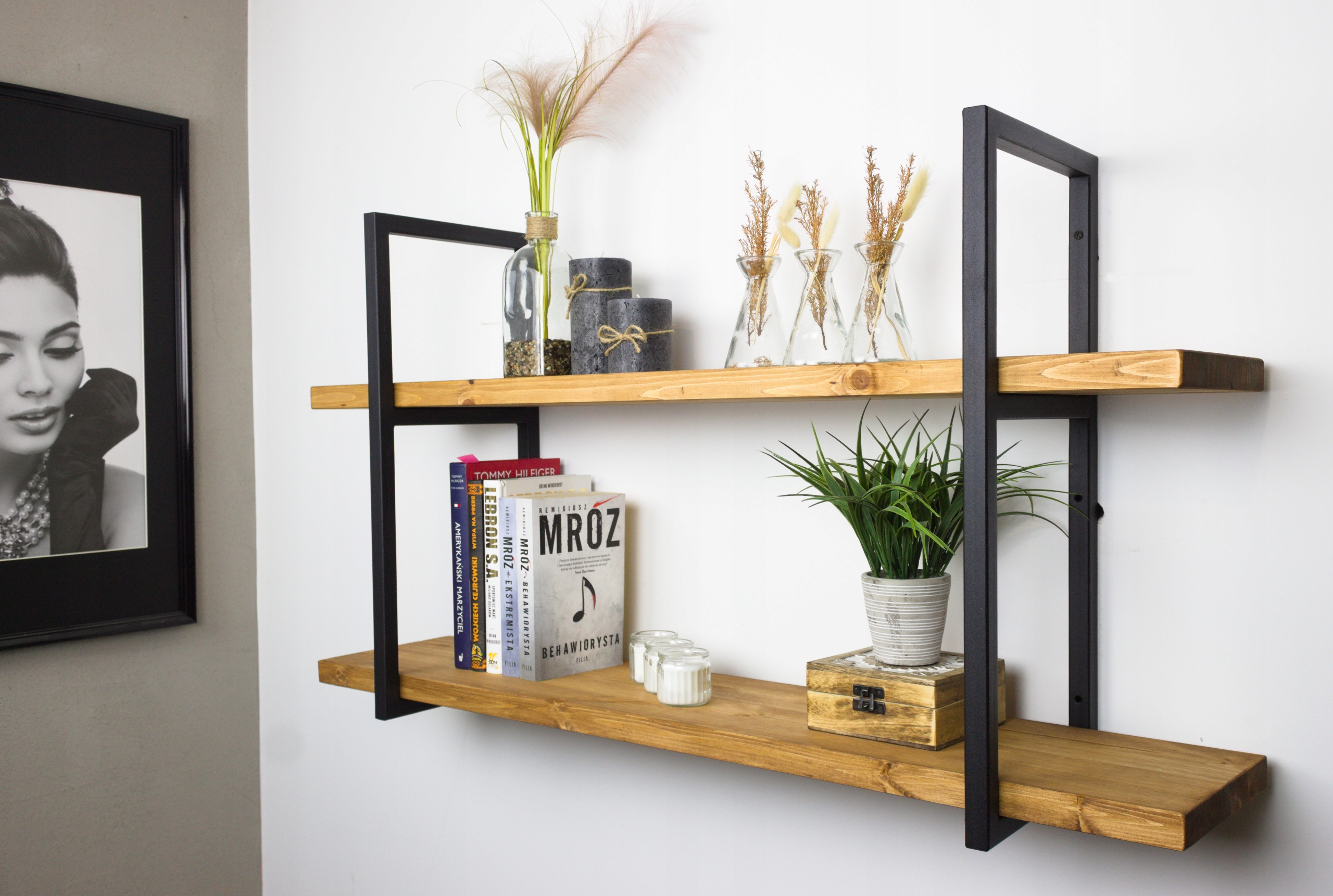 Nástenná polica Závesný regál Loft Industriálna drevená kovová 120 cm x 30 cm