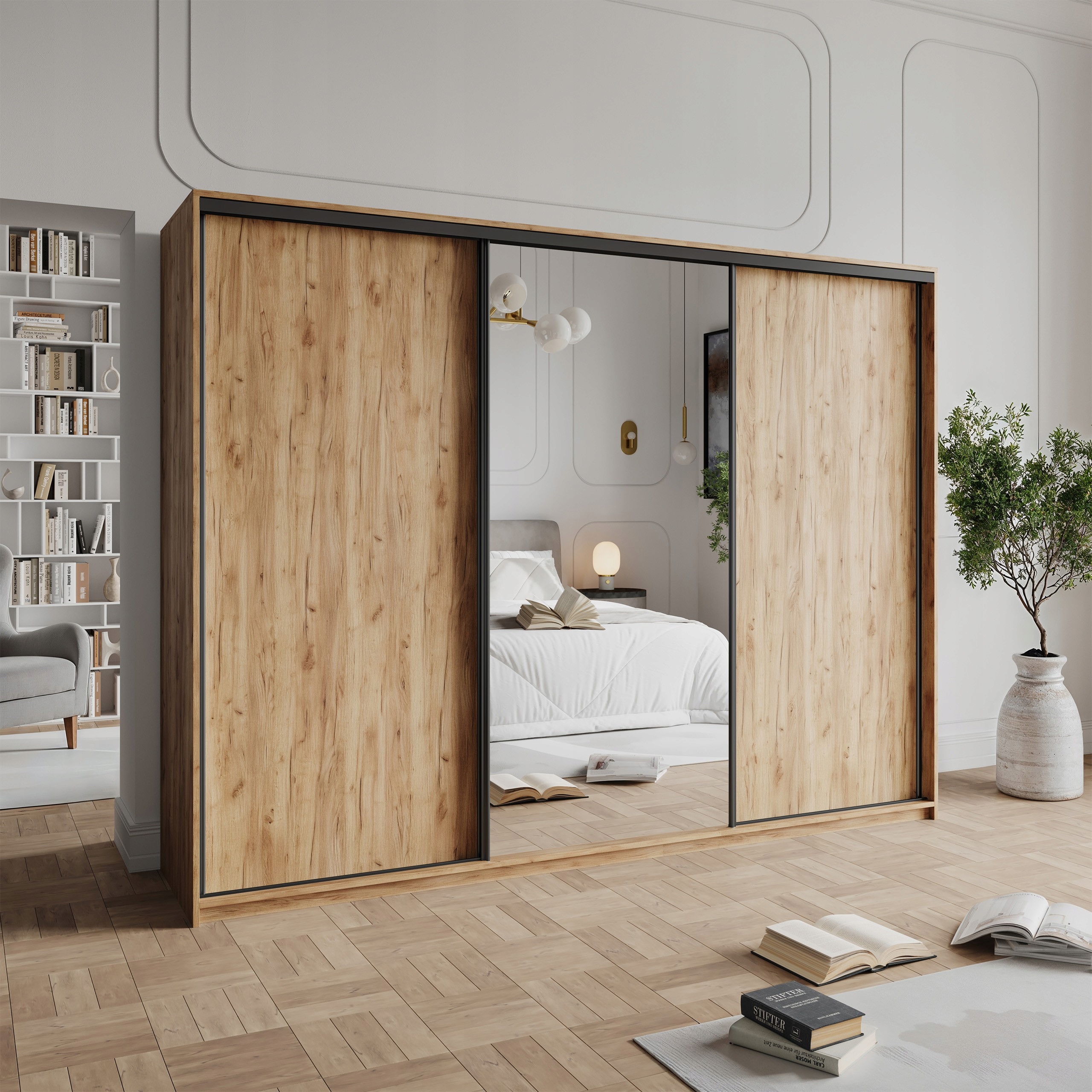 Skříň Tavi 250 cm se zrcadlem Třídveřová, dub craft zlatý černá