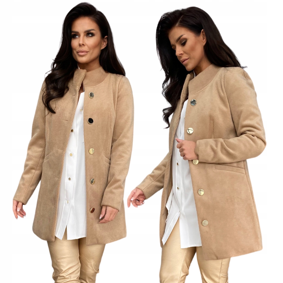 Płaszcz Damski Kurtka Wiosenny Jesienny Ocieplany Długi Brąz Prążek 52 6xl