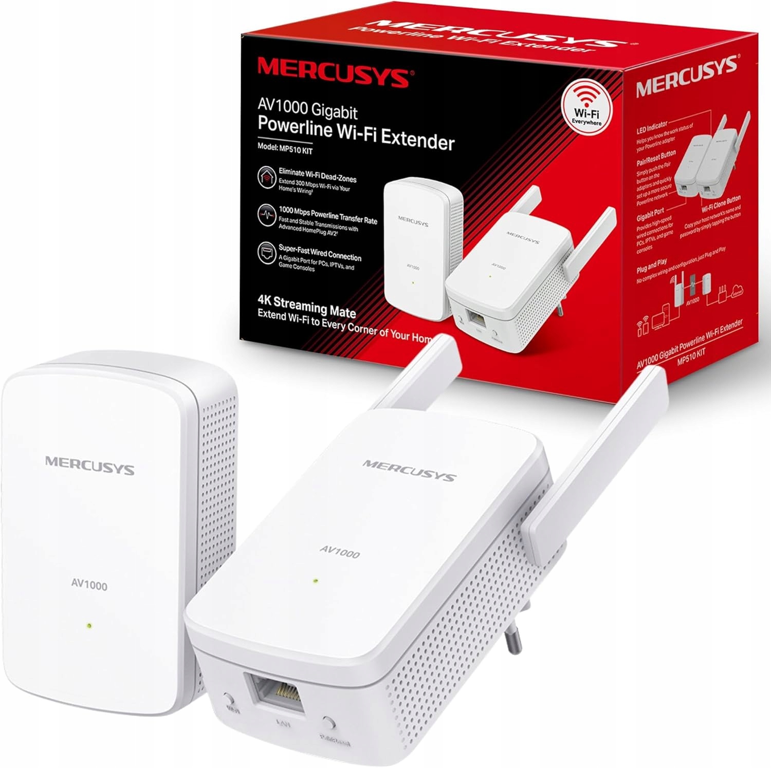 Adapter Mercusys MP510 Kit AV1000 300Mb/s WiFi 1 port gigabitowy powerline
