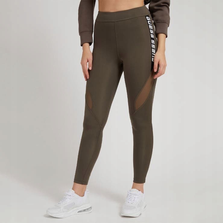 Guess Khaki Sportovní Legíny Se Síťkou A Logem Xs Gga