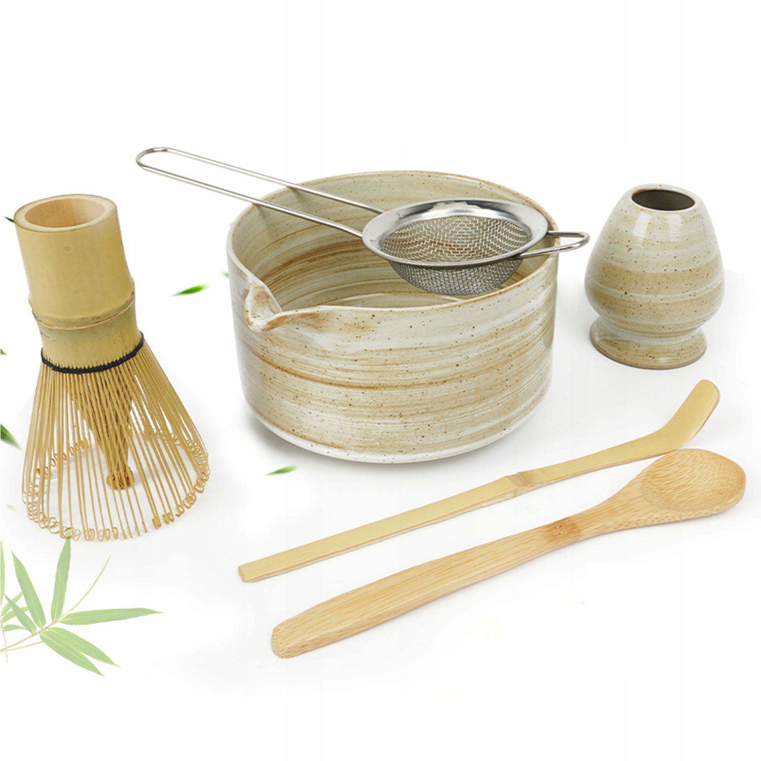 Levně Sada na přípravu čaje Matcha s keramickou odměrkou a sítkem 6 el.