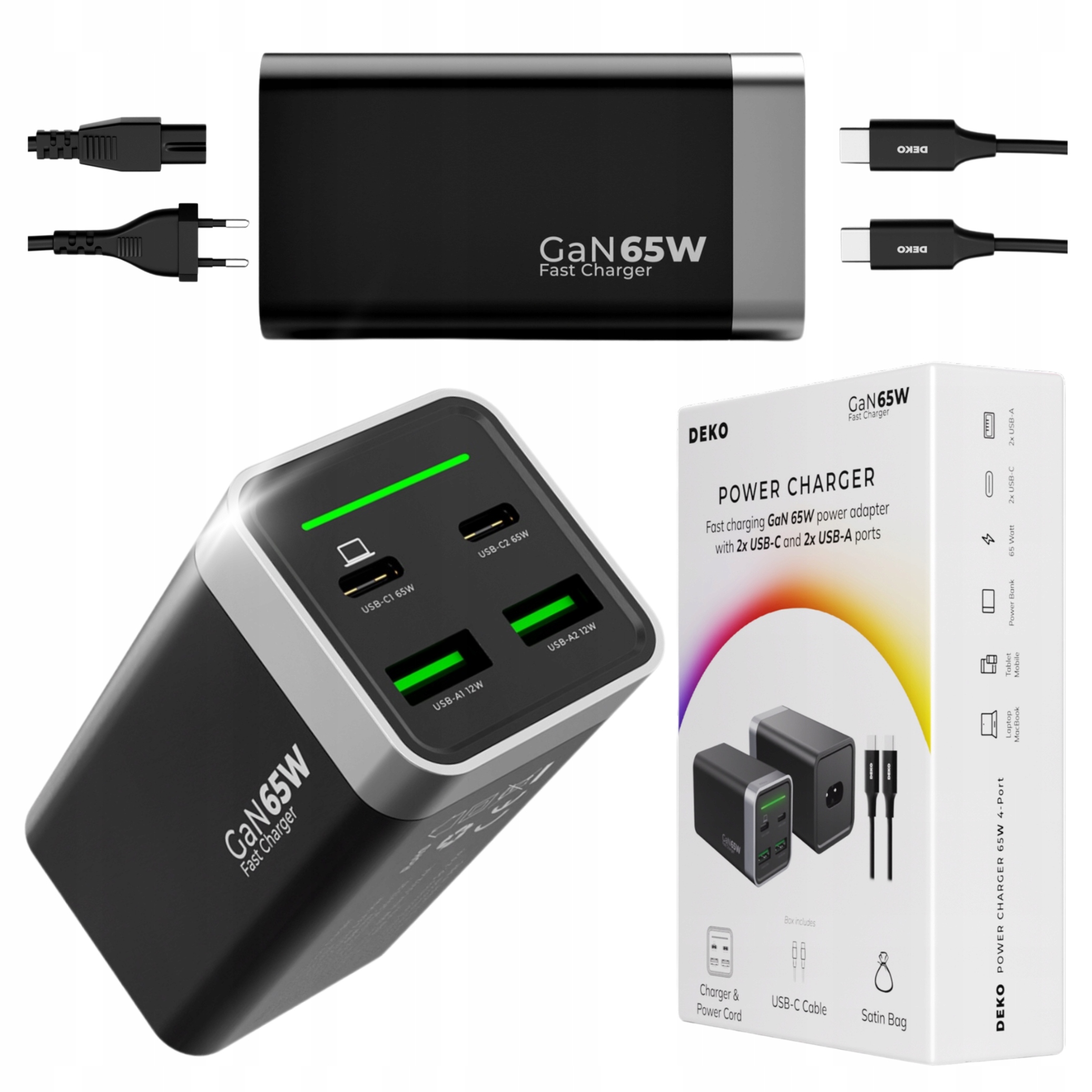 Rychlá Síťová Nabíječka Usb C 65W 4x Usb Rychlé Nabíjení Kabel 100W