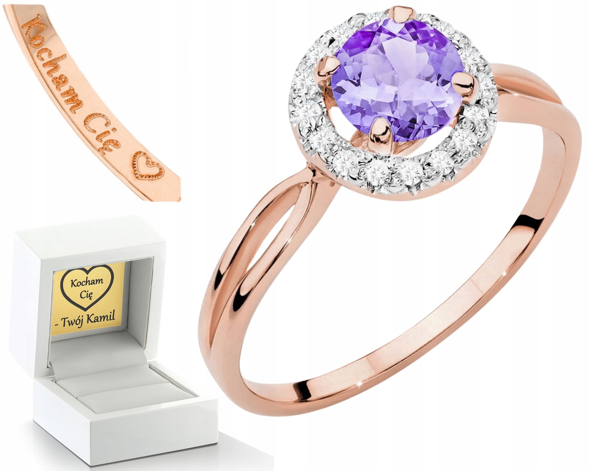 Růžový Zlatý Prstýnek S Ametystem A Diamanty 585 14K Zlato Dárek