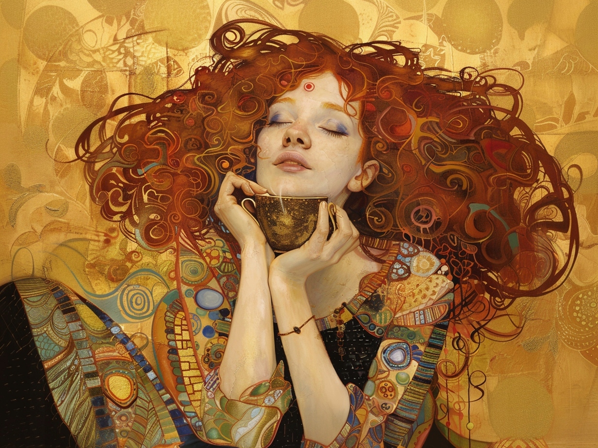 Obraz Na Plátně Canvas Portrét Rudá Žena Káva Umění Nouveau Klimt 80x60