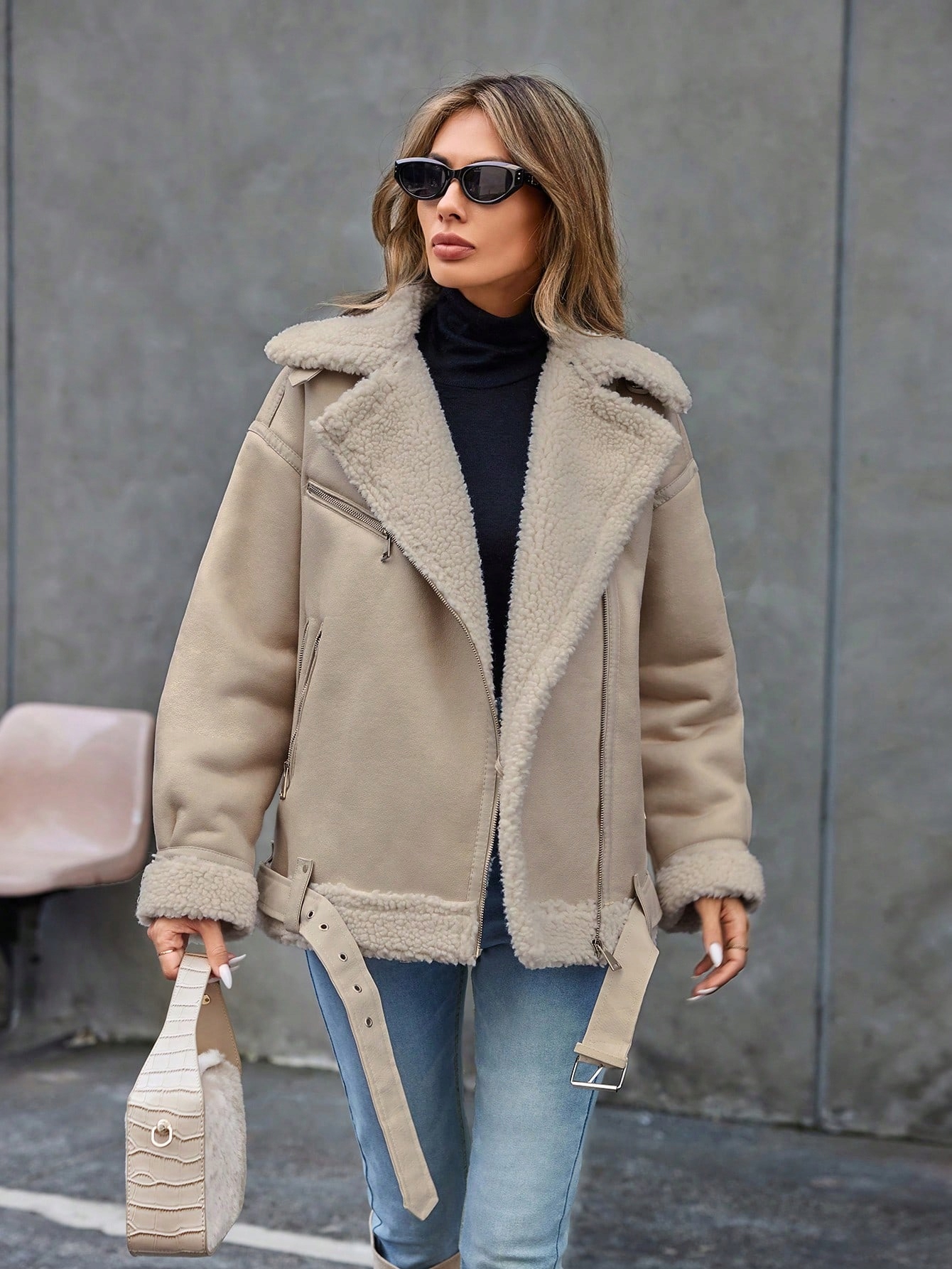 Semišový Kožich Biker Béžový Casual Shein, Velikost 40