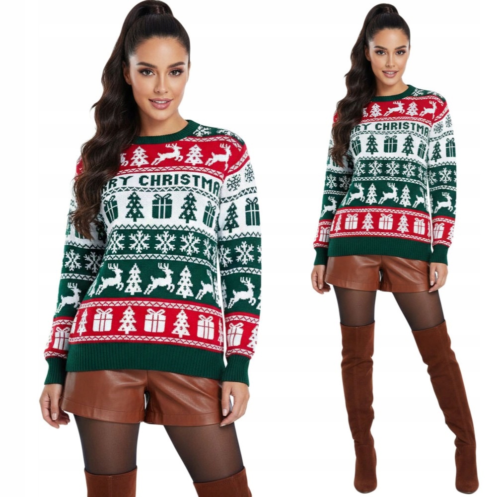 dámský vánoční svetr zelený merry christmas sobi módní zimní R XL