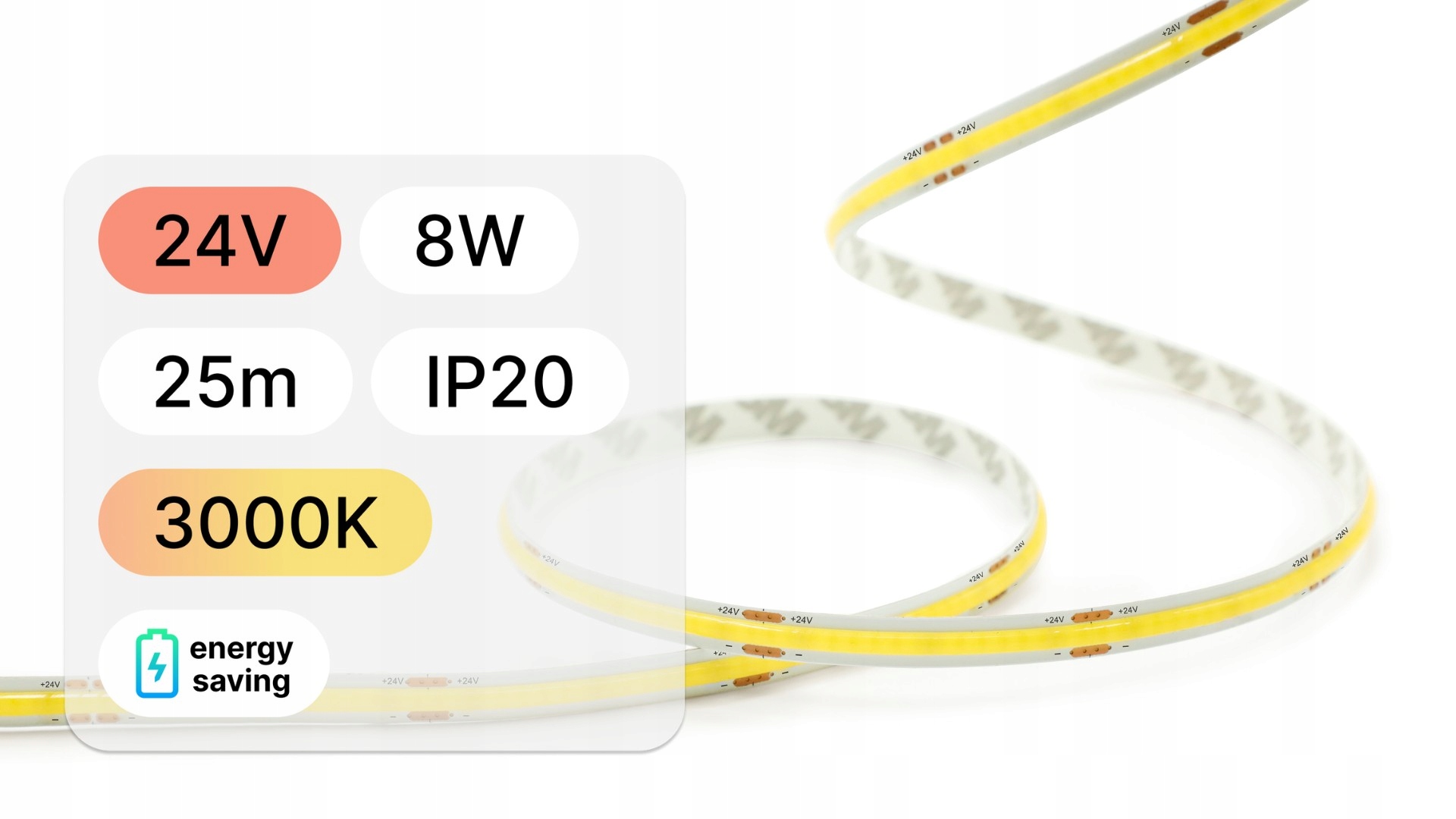 25mb Led Páska 24V Cob 8W 320LED IP20 3000K 130lm/W 8mm Pcb