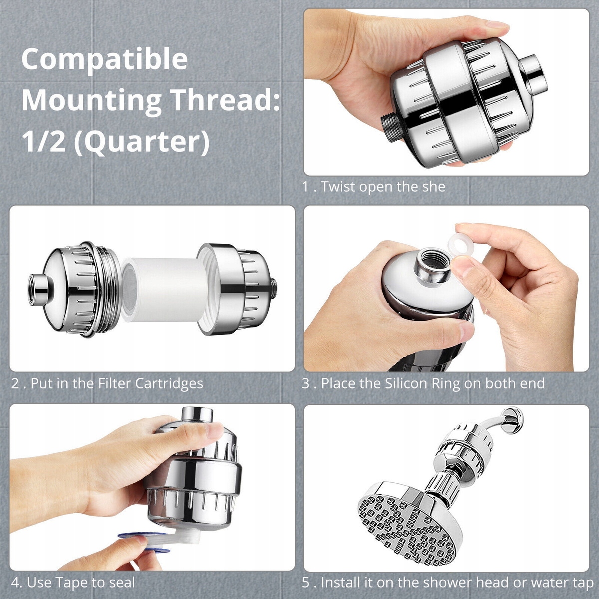 Filtr prysznicowy zmiękczający do wody prysznica Silver z zapasowym wkładem Model W33