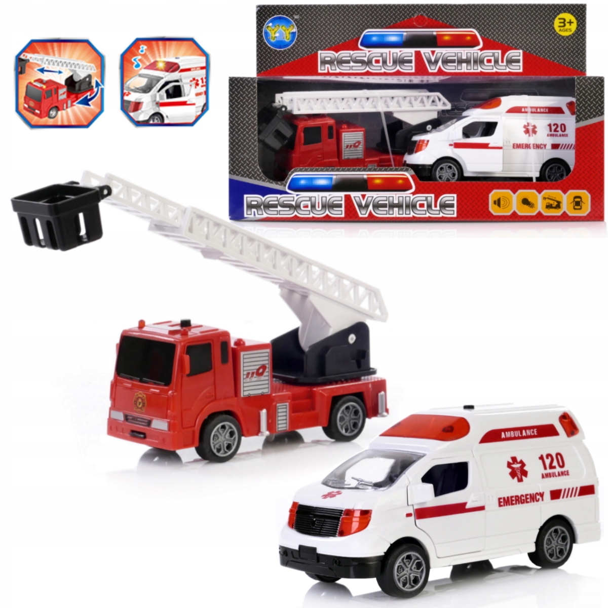 ZESTAW AUT MIEJSKICH POGOTOWIE + STRAŻ POŻARNA ŚWIATŁO DŹWIĘK NAPĘD