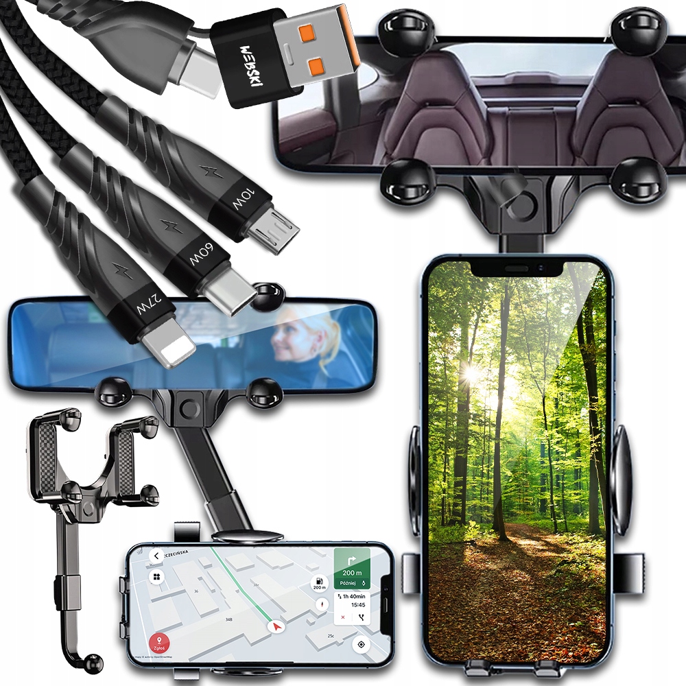 Mocny Uchwyt Na Telefon Na Lusterko Wsteczne Kabel Usb Usbc 6W1 10W 27W 60W