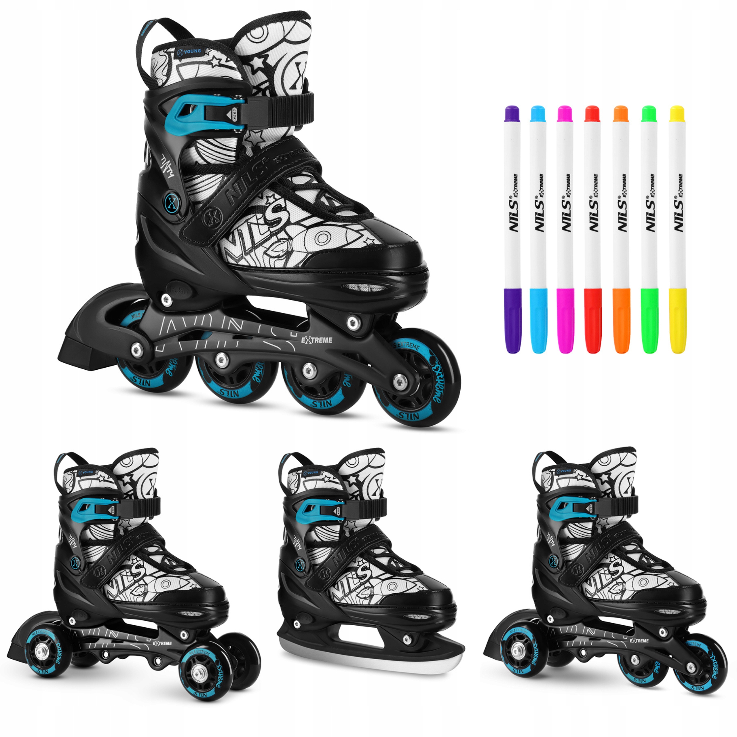 Kolečkové Brusle 4v1 35-38, zelené brusle na led kolečkové brusle, sada na malování Nils Extreme