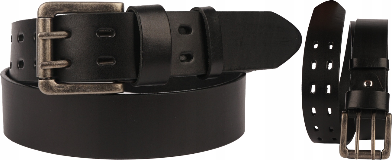 Pasek Męski Skórzany Dwurzędowy Czarny Pas Do Spodni Jeans Na Obwód Pasa115