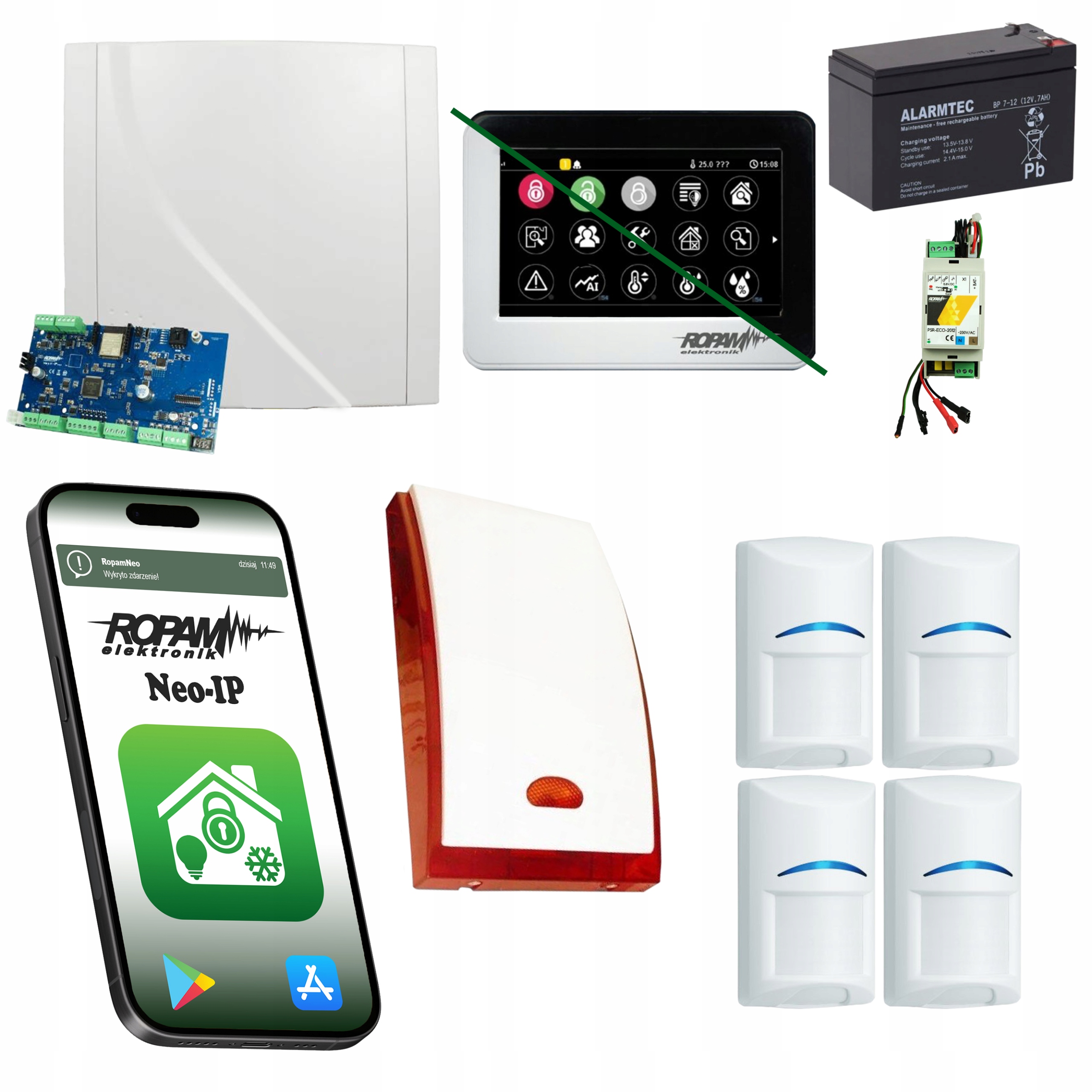 Zestaw Alarmowy Ropam Z Modułem Wifi i Gsm 4 Czujniki Pir Panel Dotykowy