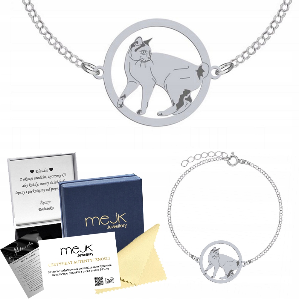 Stříbrný náramek s japonskou kočkou Bobtail 925 Dárek Šperky Gravírování