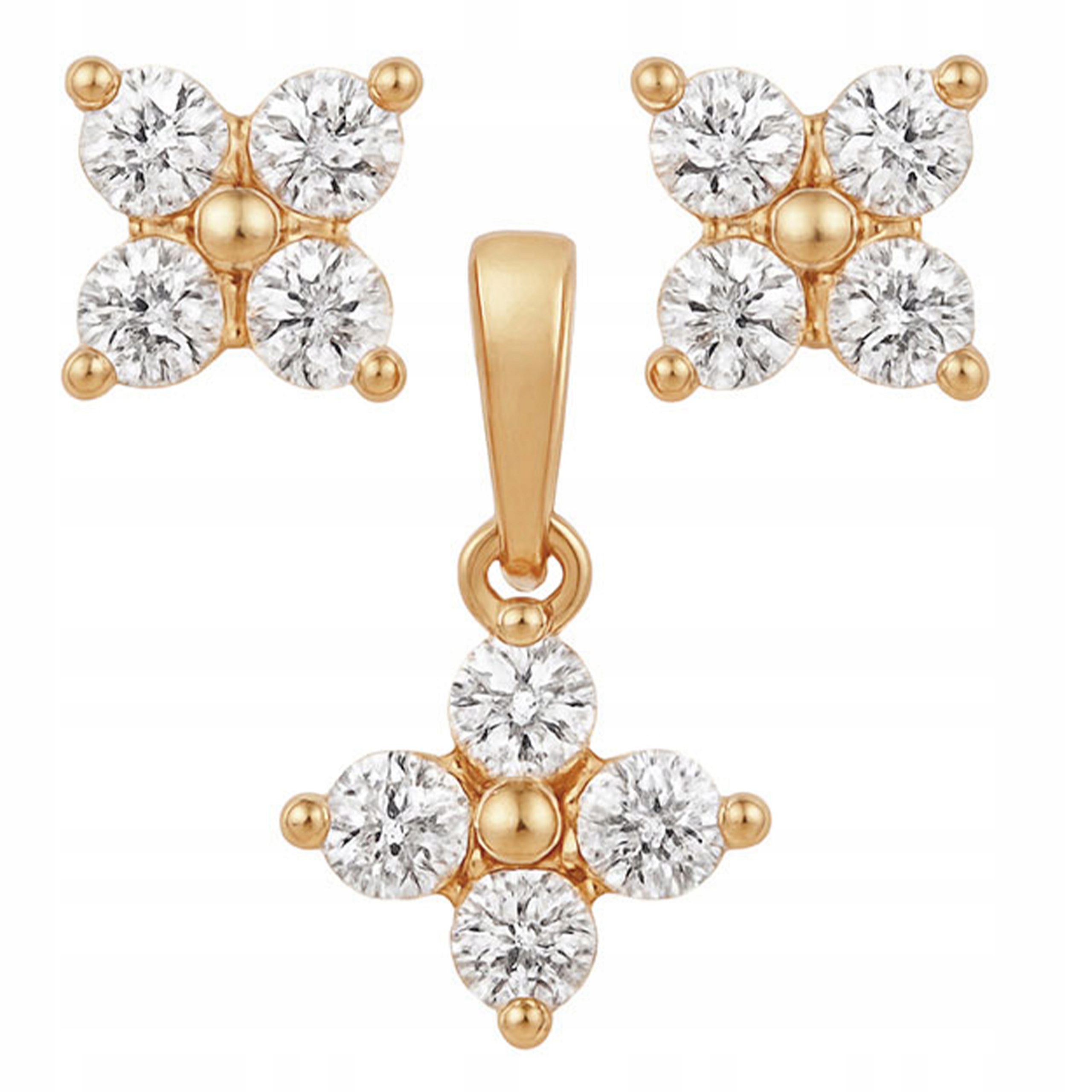 Zlatý komplet šperků 585 náušnice a přívěsek s bílými zirkony a květinkami