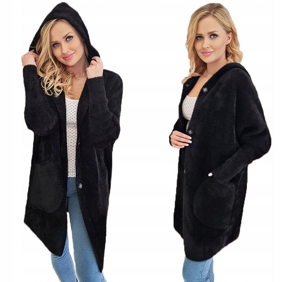 Alpaca Kabát s Kapuce Vlna Různé Barvy Oversize Černý