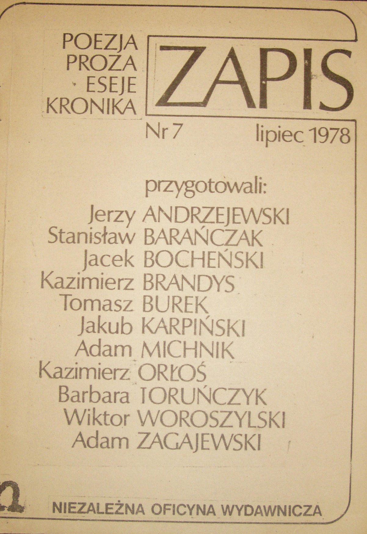 ZAPIS nr 7, poezja proza eseje 1978