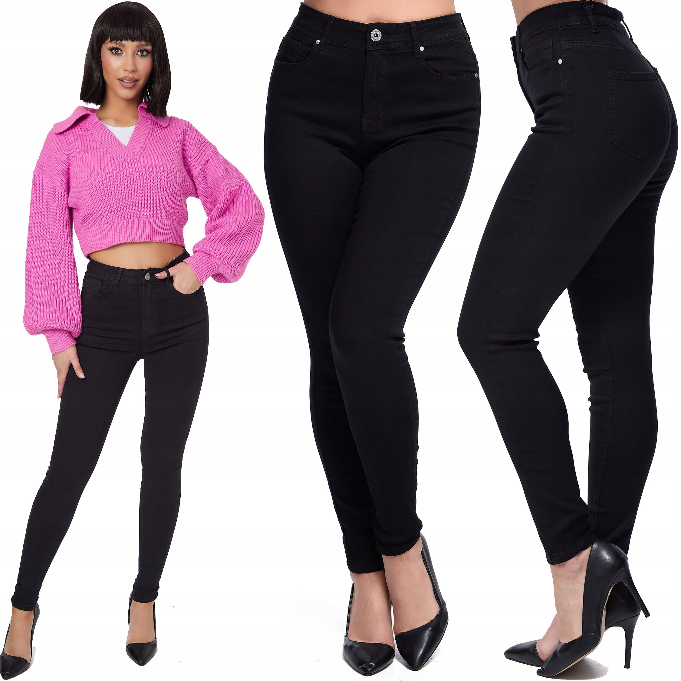 KLASYCZNE JEANSY DAMSKIE WYSOKI STAN CZARNE _S/36 Wzór dominujący bez wzoru