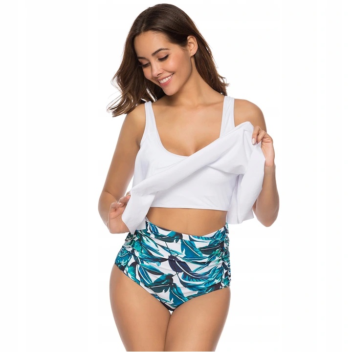 BIKINI STRÓJ KĄPIELOWY WYSOKI STAN BIAŁY LIŚĆ - XL Wzór dominujący inny wzór